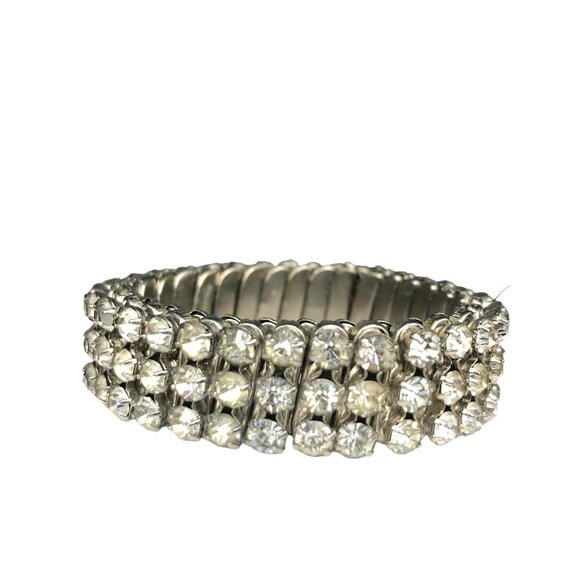 Vintage Expandable Bracelet, 3 Row Crystal Bling Stretch Bangle, Silver Tone - Picture 2 of 5